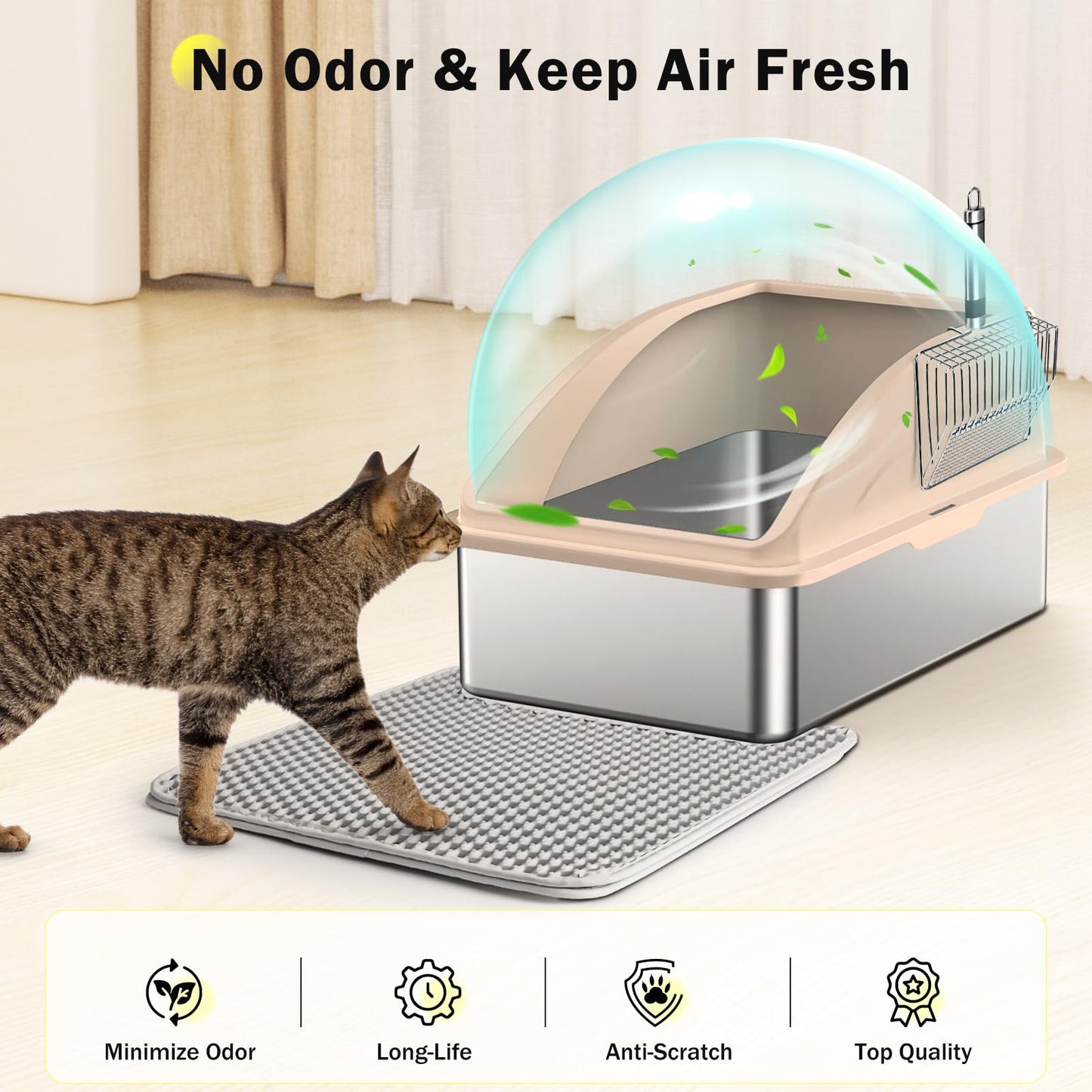 Stainless Steel Cat Litter Box, Extra Large Litter Boxes for Big Cats, Anti-Urine Leakage XL Litter Box with High Sides, Xlarge Metal Litter Box with Lid, Easy Clean, Non-Sticky, Cat Mat & Metal Scoop