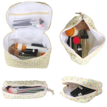 Cute Makeup Bag for Women(2 Pcs), Travel Cosmetic Bags, Quilted Coquette Aesthetic Floral Toiletry Organizer Bag (NavyBlue Flower)