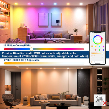 Smart Recessed Lighting 4 Inch RGBCW Color Changing 12W LED Downlight with Junction Box,1000 Lumen Recessed Ceiling Light Compatible with Alexa,Dimmable by Bluetooth Control -12Pack