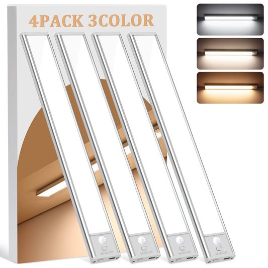 Under Cabinet Lighting Wireless, 4Pack Motion Sensor Light Indoor with 3 Color Temps, Dimmable Closet Lights Battery Operated, LED Magnetic Light, Rechargeable Under Counter Lights for Kitchen Home