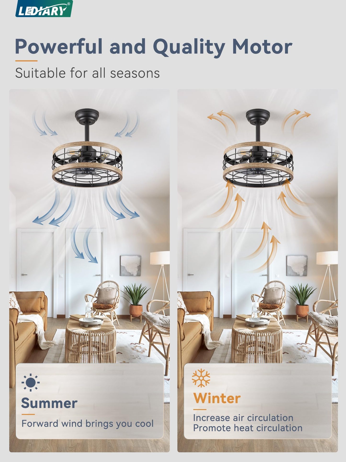LEDIARY 16.5 inch Black Caged Ceiling Fan with Light, Fandelier Industrial Ceiling Fan with Remote, Farmhouse Fan Lights Ceiling Fixtures for Kitchen, Bedroom, Outdoor（6 Speed, Timing）-Black