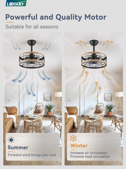 LEDIARY 16.5 inch Black Caged Ceiling Fan with Light, Fandelier Industrial Ceiling Fan with Remote, Farmhouse Fan Lights Ceiling Fixtures for Kitchen, Bedroom, Outdoor（6 Speed, Timing）-Black