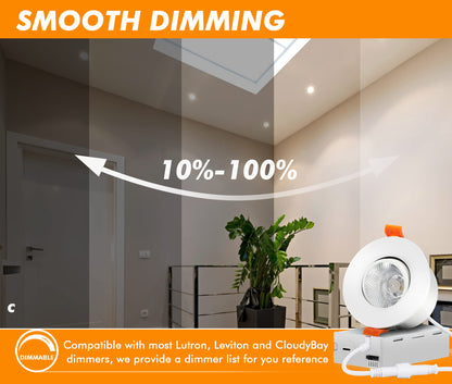 Cloudy Bay Eyeball 5 Color 4 inch Gimbal LED Recessed Light with Junction Box,9.5W CRI90+ 2700K/3000K/3500K/4000K/5000K Selectable,Dimmable Canless Ceiling Spot Light,Damp Location,Black,Pack of 6