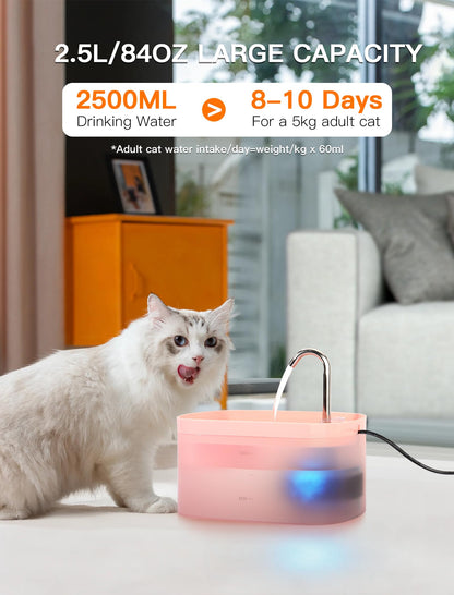 Cat Water Fountain, 84OZ/2.5L Cat Fountain, Super Silent Pet Water Fountain, Activated Carbon Filter, Translucent Pet Water Dispenser Suitable for Multiple Pets Family (Black)