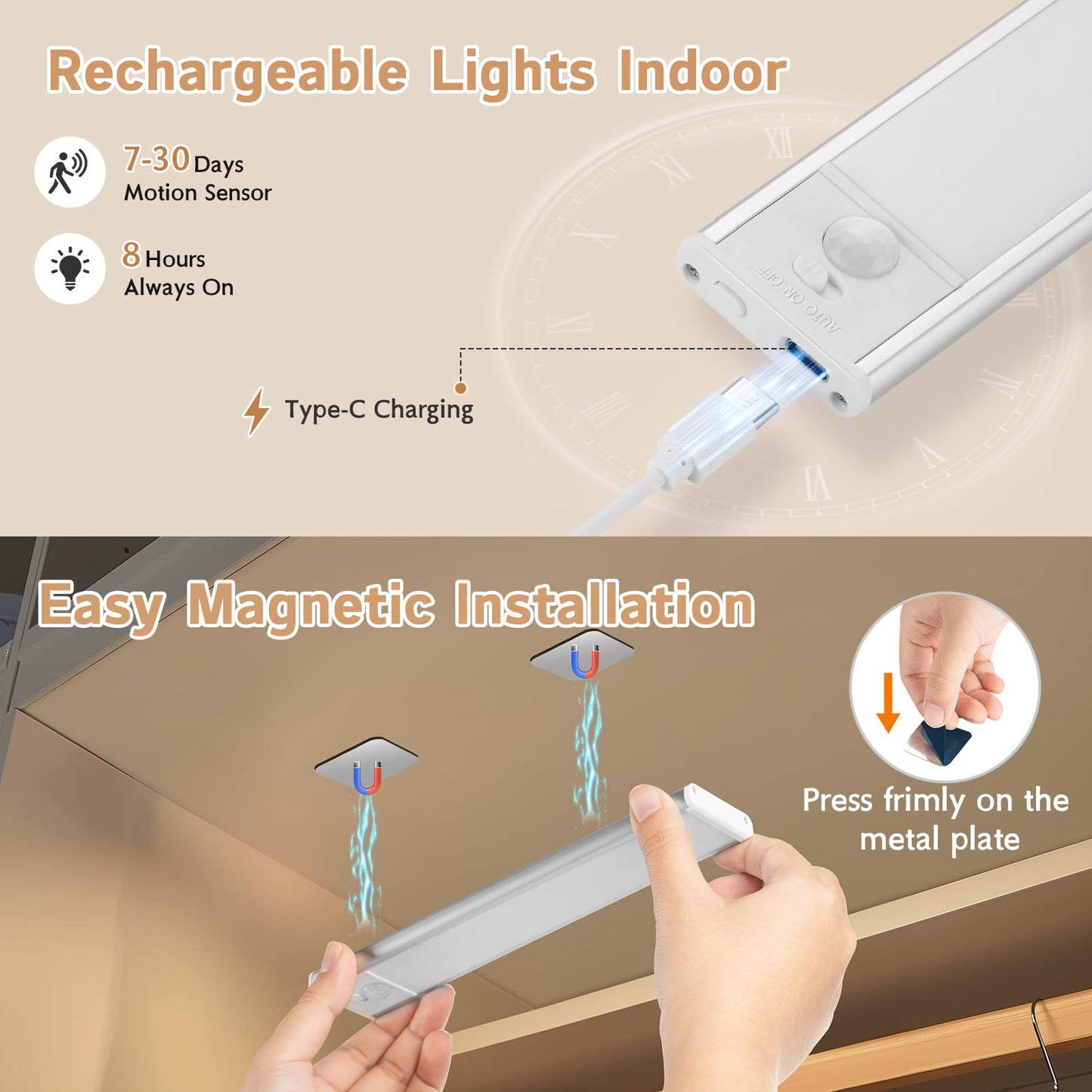 Under Cabinet Lighting Wireless, 4Pack Motion Sensor Light Indoor with 3 Color Temps, Dimmable Closet Lights Battery Operated, LED Magnetic Light, Rechargeable Under Counter Lights for Kitchen Home