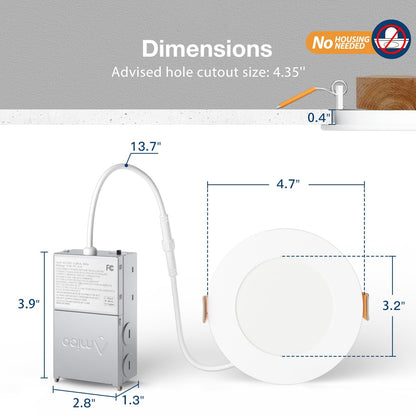 Amico 6 Pack 6 Inch 5CCT Ultra-Thin LED Recessed Ceiling Light with Junction Box, 2700K/3000K/3500K/4000K/5000K Selectable, 12W Eqv 110W 1050LM Brightness Dimmable Canless Wafer Downlight, ETL & FCC