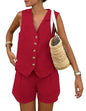 PRETTYGARDEN Women's Summer 2 Piece Outfits Sleeveless Matching Sets Button Down V Neck Vest Waistcoat and Pockets Shorts