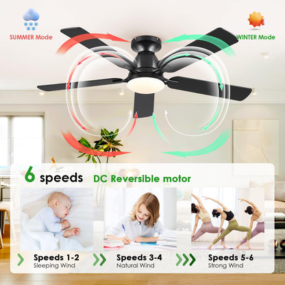 Ceiling Fans with Lights- 52" Low Profile Indoor Ceiling Fan with Light and Remote/APP Control, Flush Mount, LED Dimmable DC Reversible Modern Ceiling Fan for Bedroom（Black）