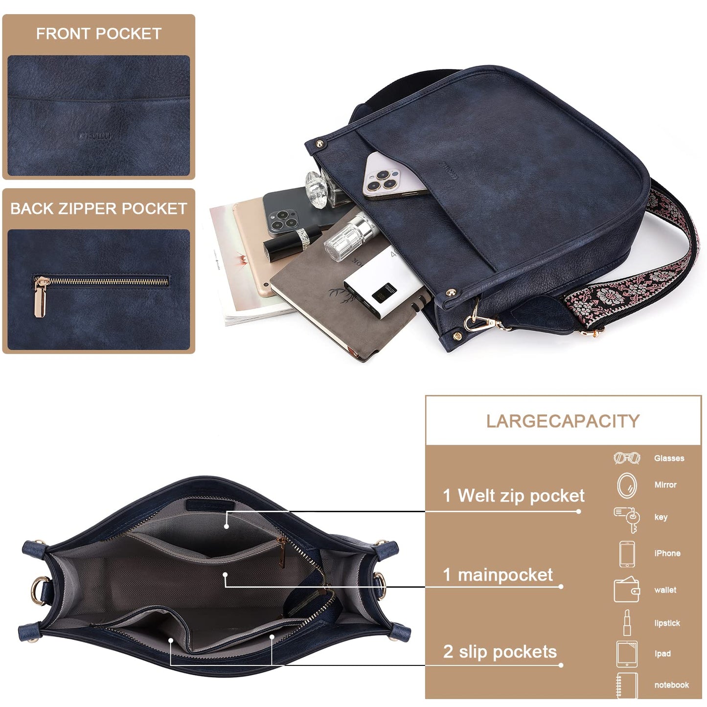 HKCLUF Crossbody Bags for Women Trendy Vegan Leather Hobo Handbags With 2PCS Adjustable Guitar Strap Shoulder Bucket Bags