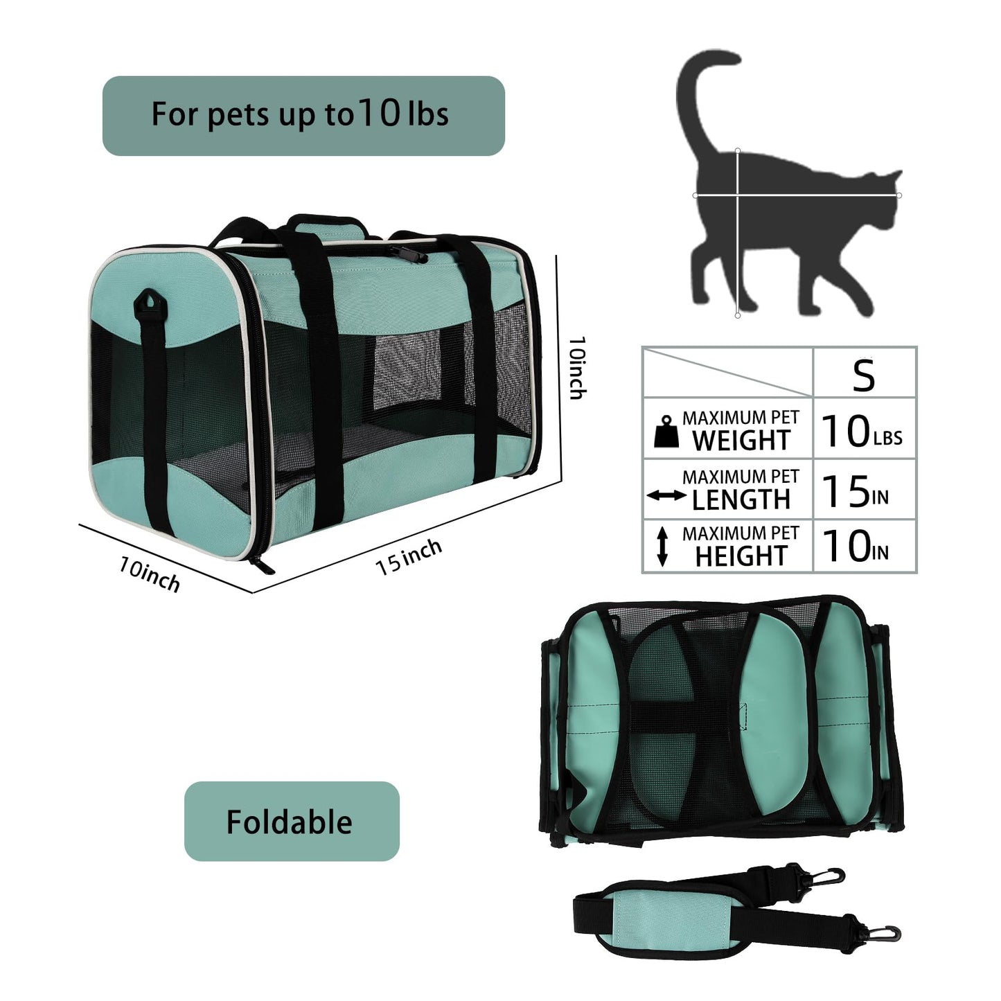 Cat Carrying Case Pet Dog Carrier Soft-Sided Cat Bag Airline Approved, Pet Travel Carrier Up to 15 Lbs, Collapsible Cat Carrier Dog Carrier for Medium Cats Small Cats Dogs(17x11x11 Green)