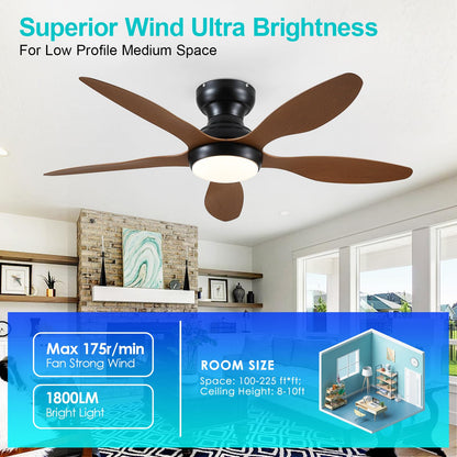 Ceiling Fans with Lights, 51 inch Modern Black Low Profile Ceiling Fan with Light and Remote App Control, Flush Mount, Quiet DC Reversible, Dim Led Ceiling Fan 6 Blade Softer Wind Indoor/Outdoor Patio