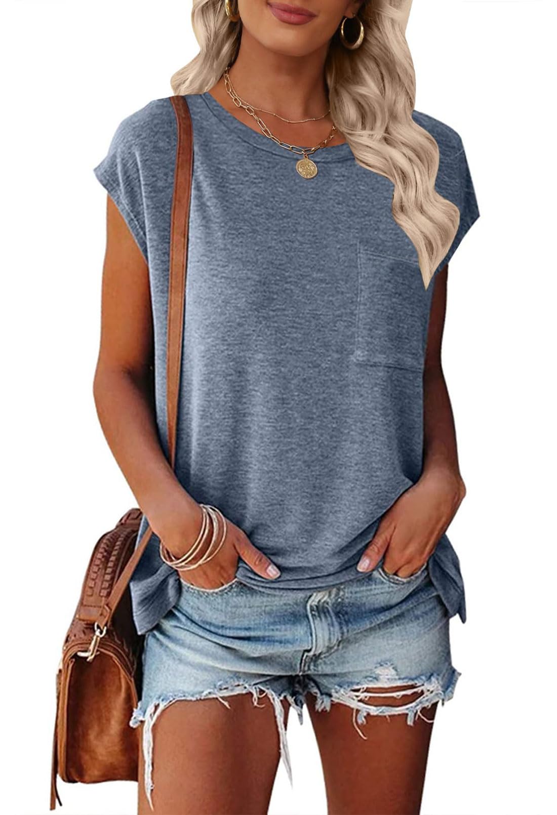 MEROKEETY Women's Casual Cap Sleeve T Shirts Basic Summer Tops Loose Solid Color Blouse