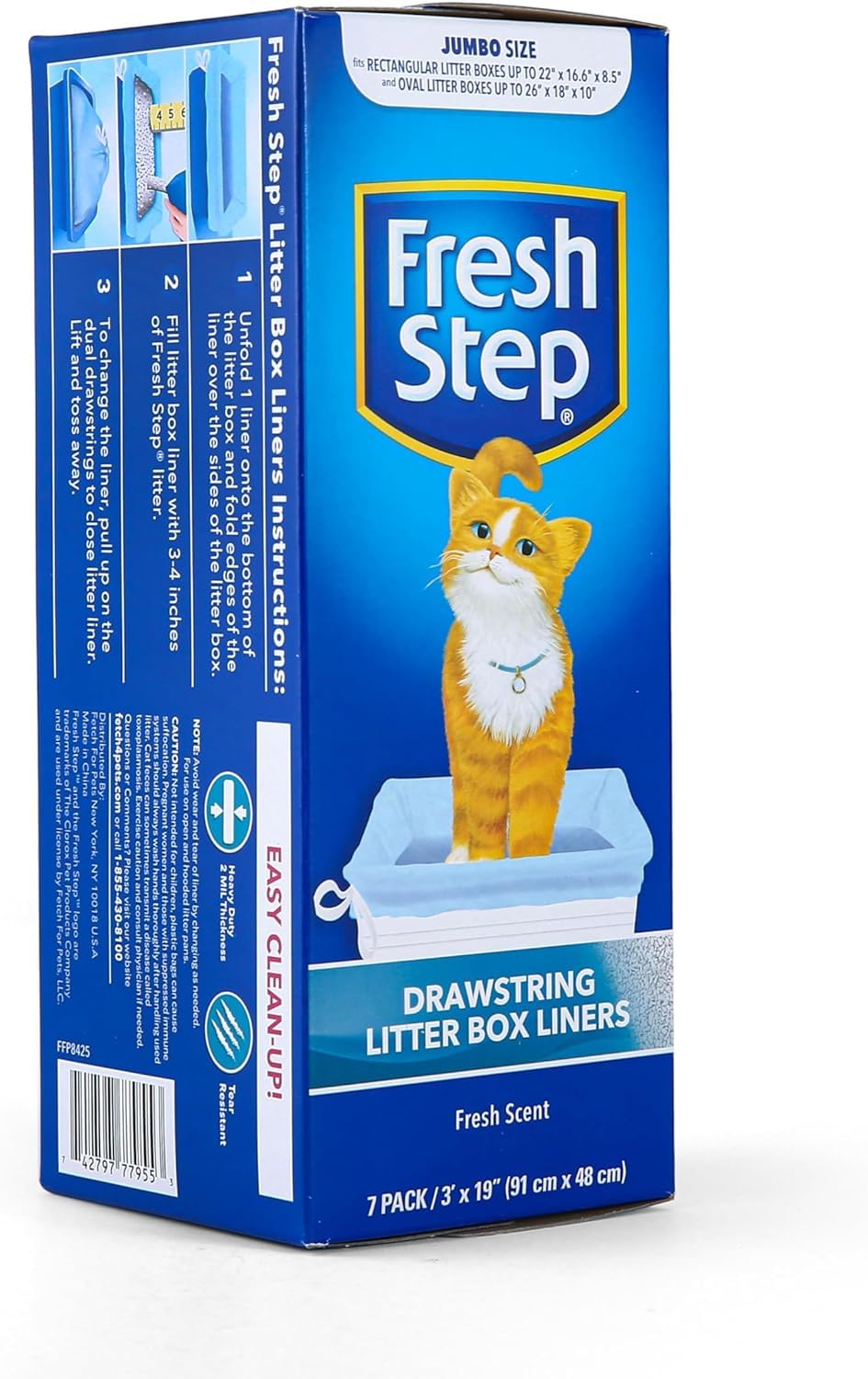 Fresh Step Drawstring Cat Litter Box Liners, Unscented, Size Jumbo, 36" x 19" | Kitty Litter Bags - 15 Count - Cat Litter Liners for Rectangle or Oval Large Litterboxes