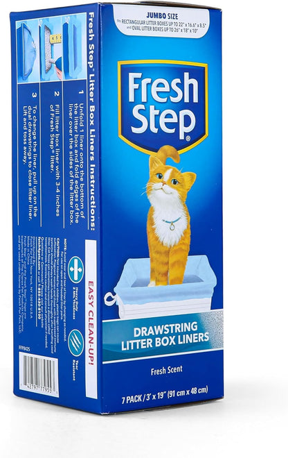 Fresh Step Drawstring Cat Litter Box Liners, Unscented, Size Jumbo, 36" x 19" | Kitty Litter Bags - 15 Count - Cat Litter Liners for Rectangle or Oval Large Litterboxes