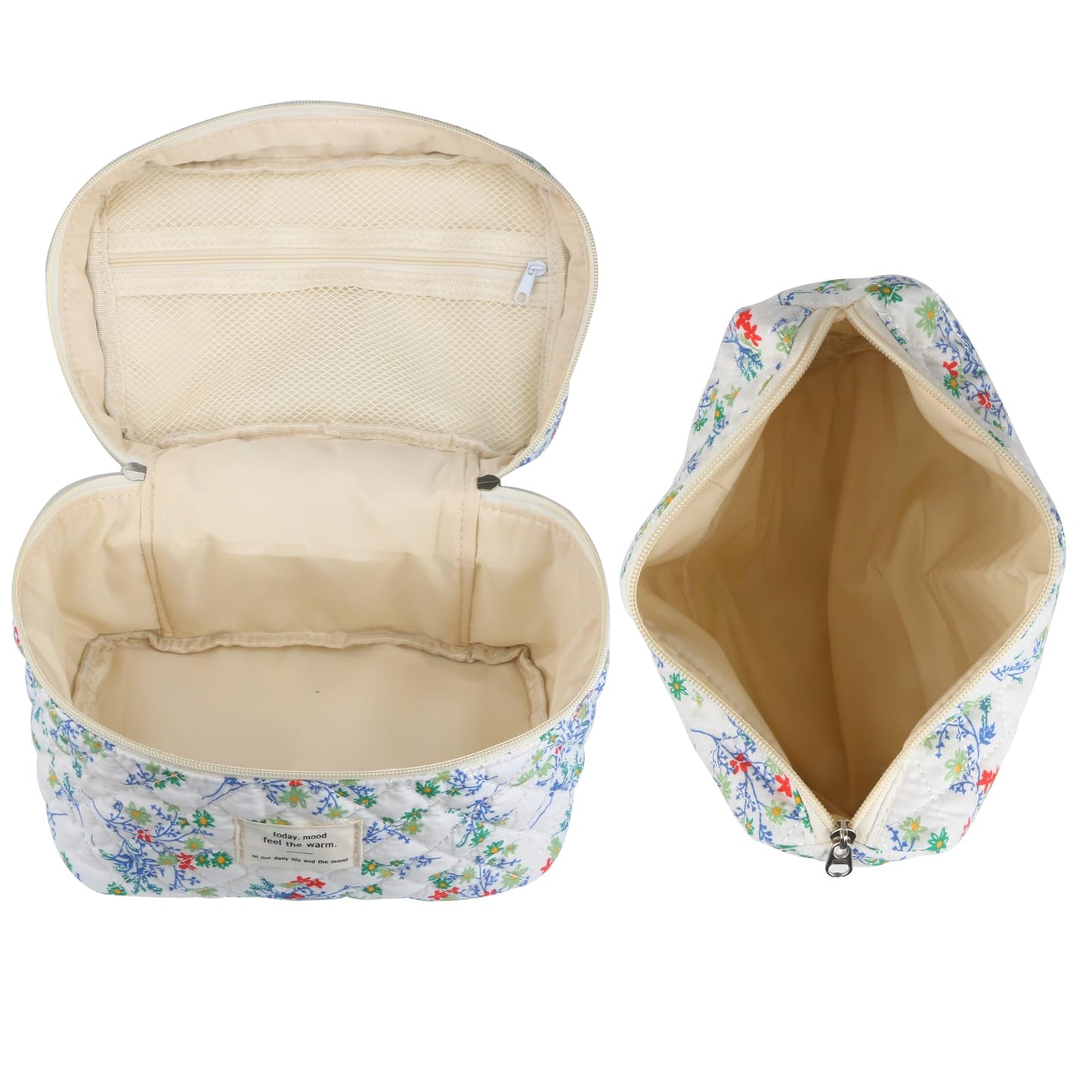 Cute Makeup Bag for Women(2 Pcs), Travel Cosmetic Bags, Quilted Coquette Aesthetic Floral Toiletry Organizer Bag (NavyBlue Flower)