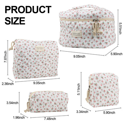 Cute Makeup Bag for Women(2 Pcs), Travel Cosmetic Bags, Quilted Coquette Aesthetic Floral Toiletry Organizer Bag (NavyBlue Flower)