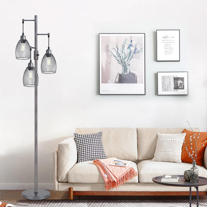 Dimmable Industrial Floor Lamps for Living Room, Gold Tree Standing Tall Lamps with 3 Elegant Teardrop Cage Head & 800 Lumens LED Bulbs for Bedroom Office
