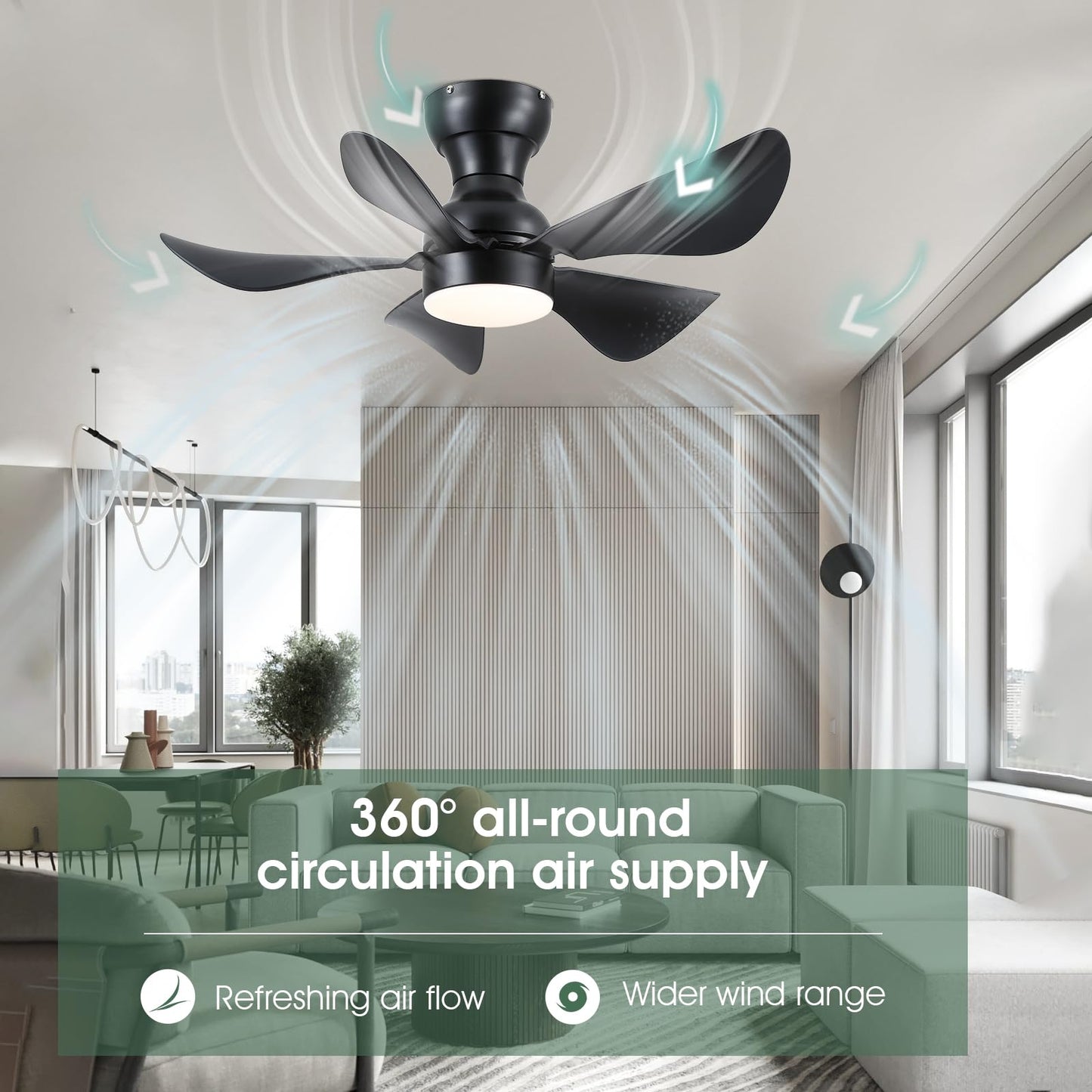 Ceiling Fans with Lights and Remote/APP Control, 30 inch Low Profile Ceiling Fans with 5 Reversible Blades 3 Colors Dimmable 6 Speeds Ceiling Fan for Bedroom Kids Room Dining Room, Black