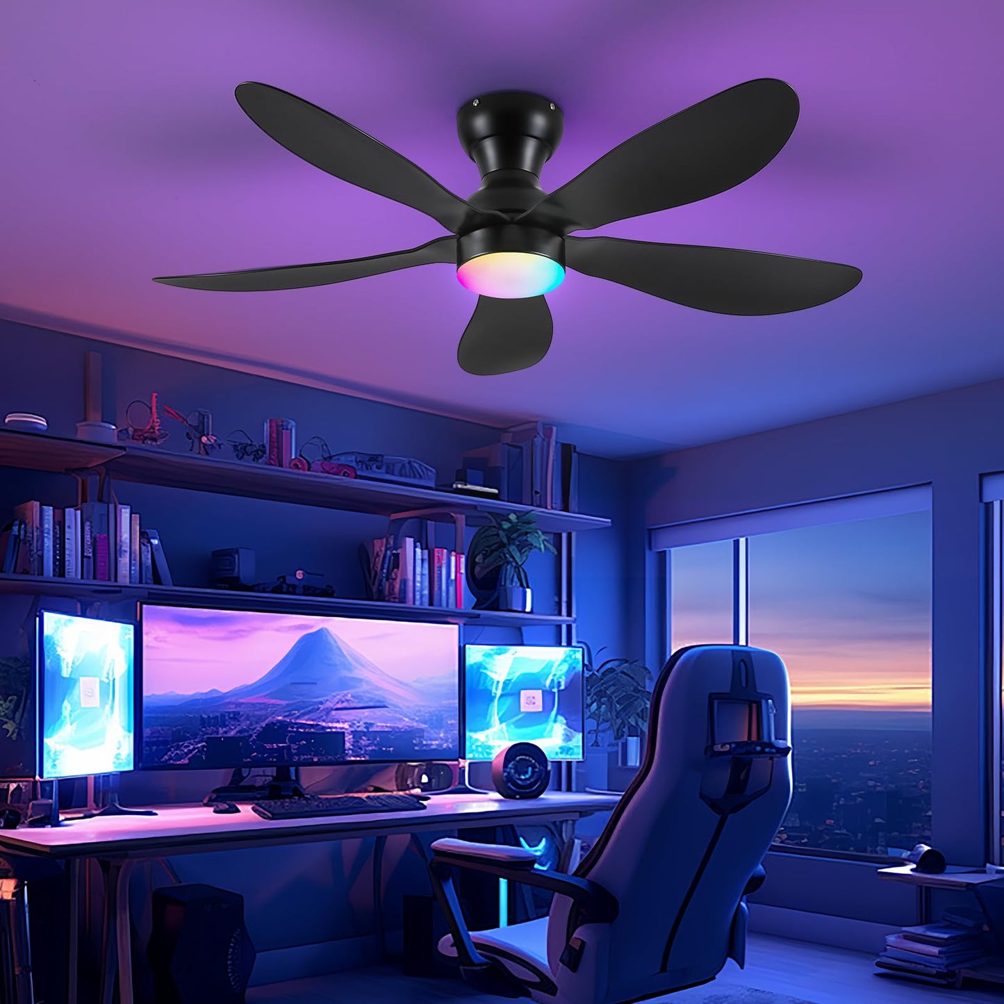Ceiling Fans with Lights and Remote/APP Control, 30 inch Low Profile Ceiling Fans with 5 Reversible Blades 3 Colors Dimmable 6 Speeds Ceiling Fan for Bedroom Kids Room Dining Room, Black