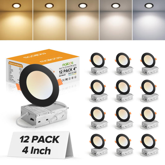 12 Pack 6 Inch 5CCT Ultra-Thin LED Recessed Ceiling Light with Junction Box, 2700K-5000K Selectable, 1050LM High Brightness, Dimmable Canless Wafer Downlight, 12W 120V, ETL
