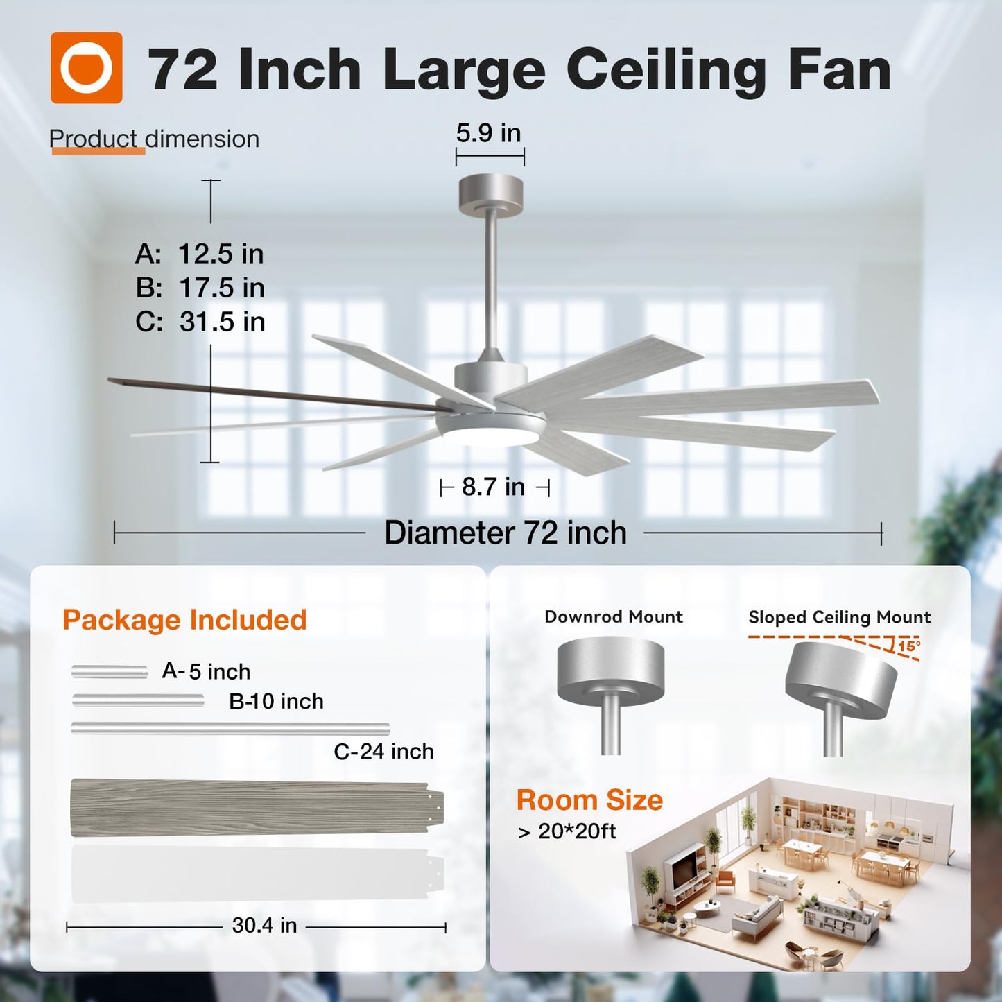 addlon 72 Inch Large Ceiling Fans with Lights, Black Ceiling Fan with Remote Control, Reversible, 5CCT, Dimmable, DC Motor, Modern Ceiling Fan for Living Room, Kitchen, Patio Indoor/Outdoor Use,