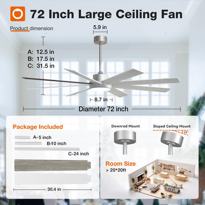 addlon 72 Inch Large Ceiling Fans with Lights, Black Ceiling Fan with Remote Control, Reversible, 5CCT, Dimmable, DC Motor, Modern Ceiling Fan for Living Room, Kitchen, Patio Indoor/Outdoor Use,