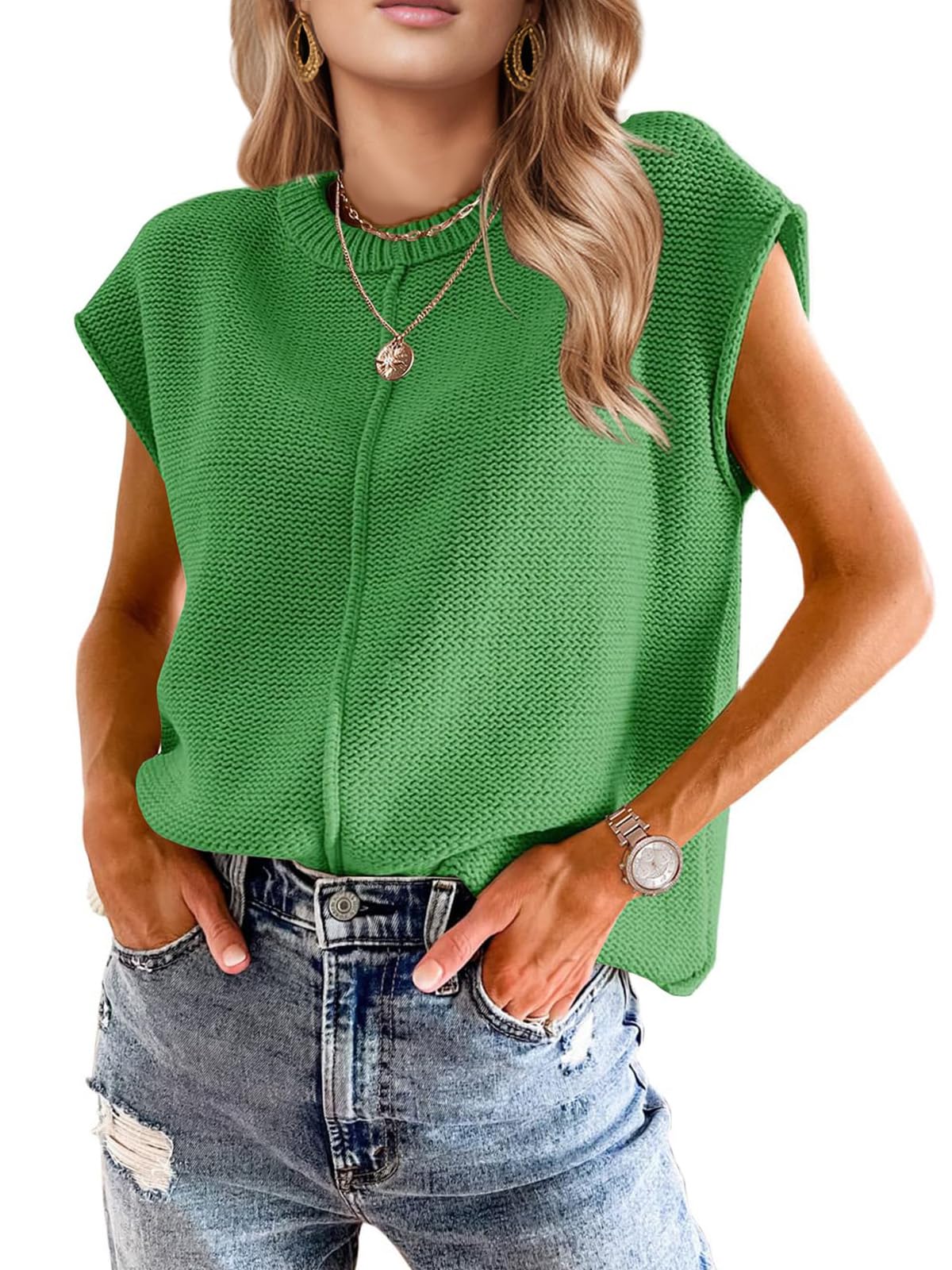 Womens Cap Sleeve Tops 2025 Trendy Tank Top Loose Knit Sweater Vests Cute Shirts Outfits Spring Fall Summer Tops