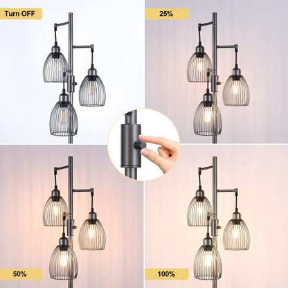Dimmable Industrial Floor Lamps for Living Room, Gold Tree Standing Tall Lamps with 3 Elegant Teardrop Cage Head & 800 Lumens LED Bulbs for Bedroom Office
