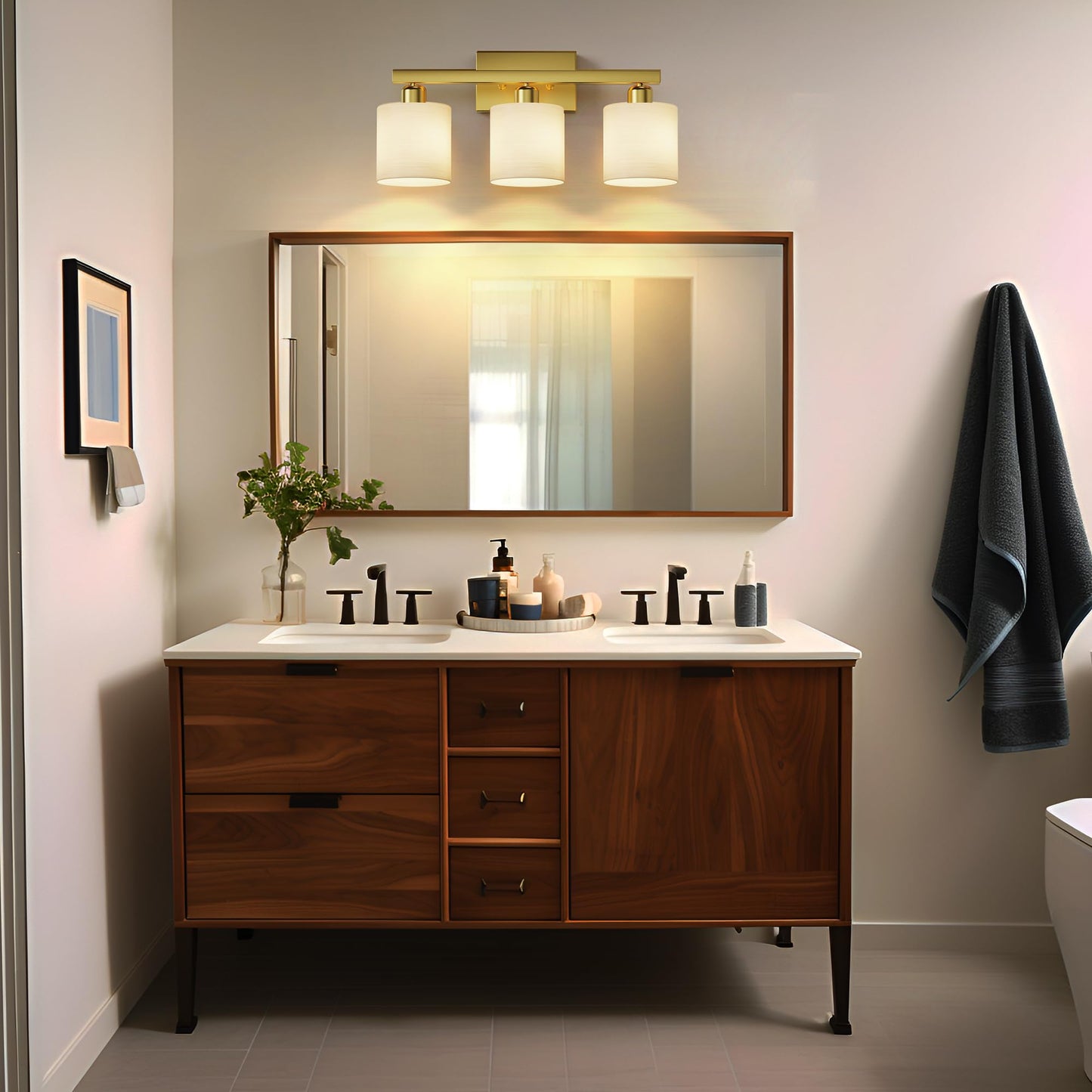 PARTPHONER Bathroom Light Fixtures, Bathroom Lighting Fixtures Over Mirror, Interior Classic Vanity Lights, Modern Bathroom Vanity Light with Textured White Glass Shade, Brushed Nickel, 3-Light