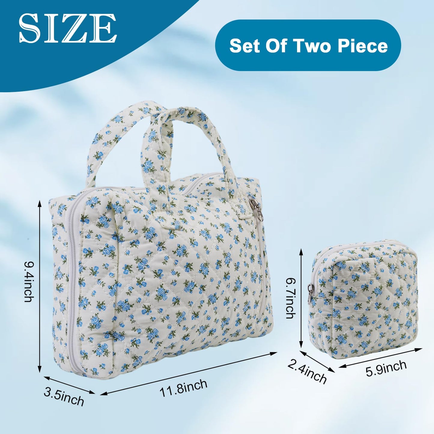 Cute Makeup Bag for Women(2 Pcs), Travel Cosmetic Bags, Quilted Coquette Aesthetic Floral Toiletry Organizer Bag (NavyBlue Flower)