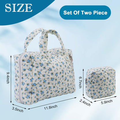 Cute Makeup Bag for Women(2 Pcs), Travel Cosmetic Bags, Quilted Coquette Aesthetic Floral Toiletry Organizer Bag (NavyBlue Flower)