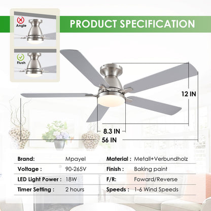 Ceiling Fans with Lights- 46" Low Profile Indoor Ceiling Fan with Light and Remote/APP Control, Flush Mount, LED Dimmable DC Reversible Modern Ceiling Fan for Bedroom（Black）