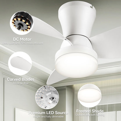 SUNMORY Ceiling Fans with Lights and Remote, 30 inch Low Profile Ceiling Fan with Light, Modern Flush Mount Ceiling Fan for Bedroom/Kitchen/Dining Room/Patio, 6 Wind Speeds, Dimmable, White