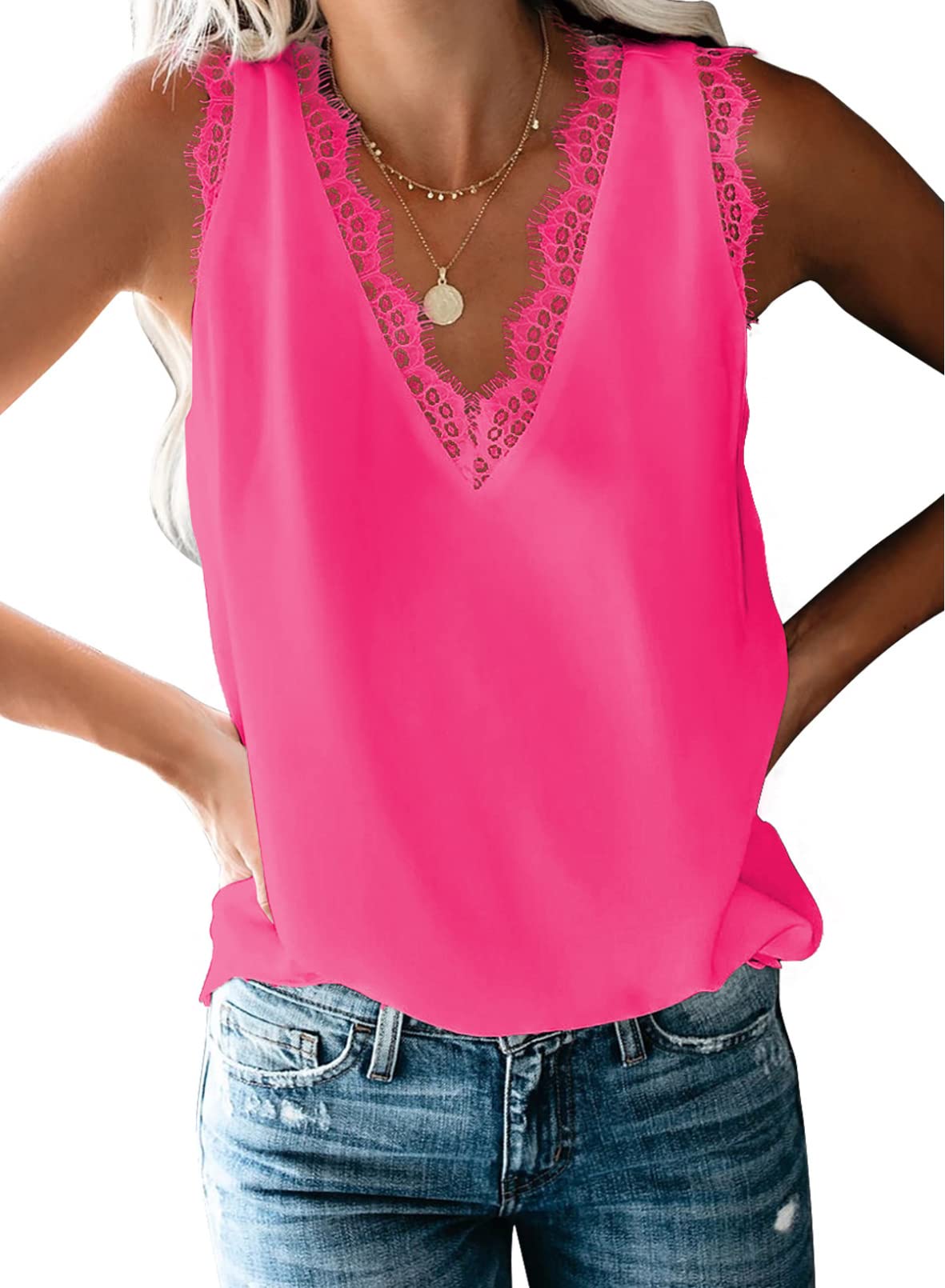 BLENCOT Women Tank Tops V Neck Sleeveless Lace Blouse Casual Vest Summer Camisole Shirts