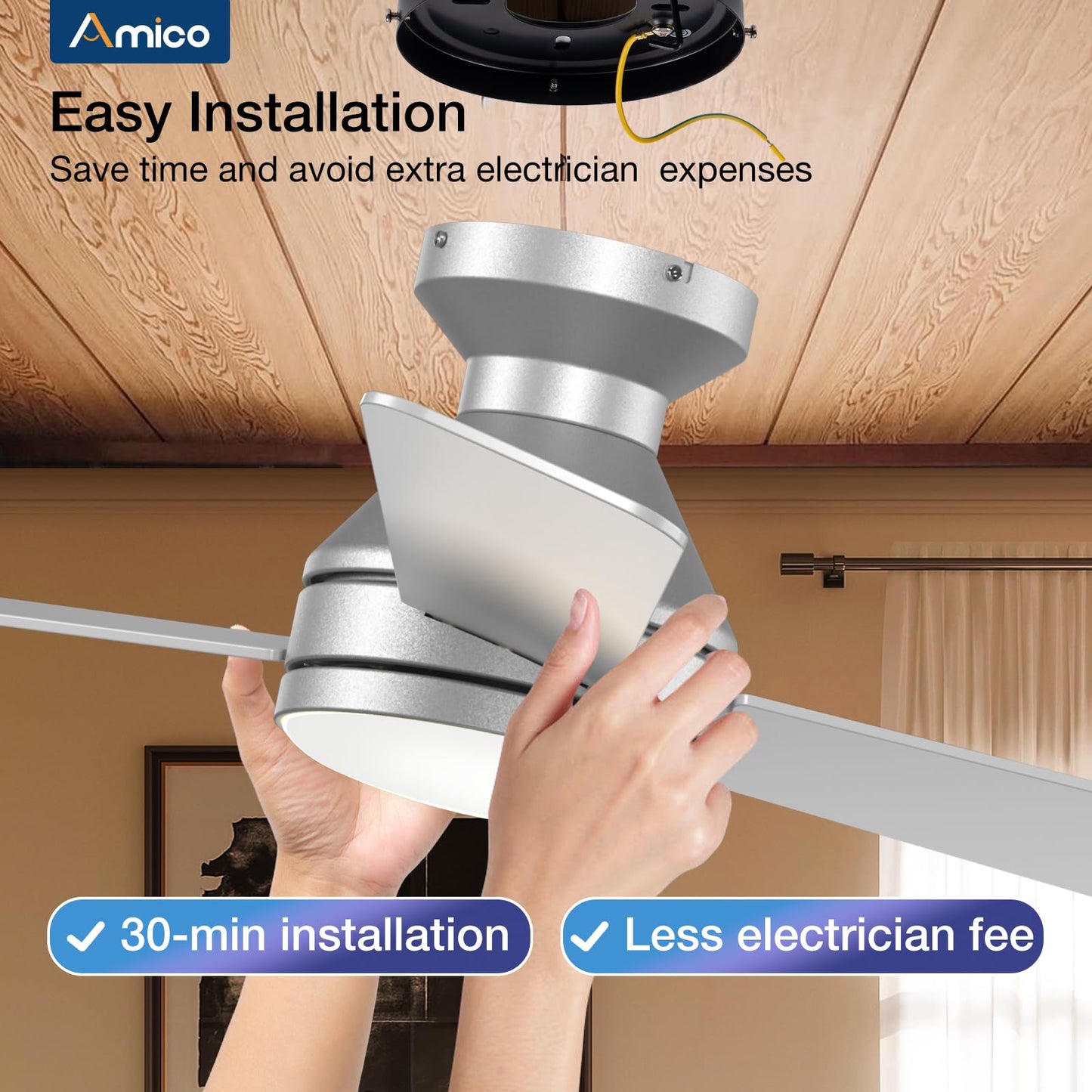 Amico Ceiling Fans with Lights, 42 inch Low Profile Ceiling Fan with Light and Remote Control, Flush Mount, Reversible, 3CCT, Dimmable, Noiseless, White Ceiling Fan for Bedroom, Indoor/Outdoor Use