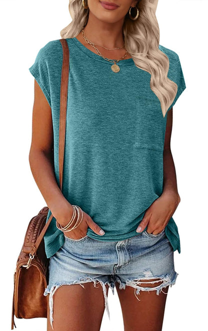 MEROKEETY Women's Casual Cap Sleeve T Shirts Basic Summer Tops Loose Solid Color Blouse