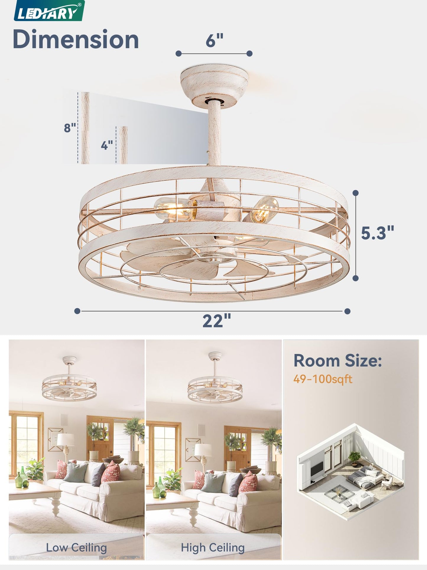 LEDIARY 16.5 inch Black Caged Ceiling Fan with Light, Fandelier Industrial Ceiling Fan with Remote, Farmhouse Fan Lights Ceiling Fixtures for Kitchen, Bedroom, Outdoor（6 Speed, Timing）-Black