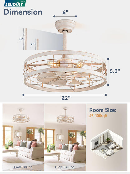 LEDIARY 16.5 inch Black Caged Ceiling Fan with Light, Fandelier Industrial Ceiling Fan with Remote, Farmhouse Fan Lights Ceiling Fixtures for Kitchen, Bedroom, Outdoor（6 Speed, Timing）-Black