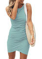 BTFBM Women 2025 Summer Sleeveless Tank Dresses Crew Neck Slim Fit Short Casual Ruched Bodycon Party Club Mini Dress