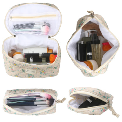 Cute Makeup Bag for Women(2 Pcs), Travel Cosmetic Bags, Quilted Coquette Aesthetic Floral Toiletry Organizer Bag (NavyBlue Flower)