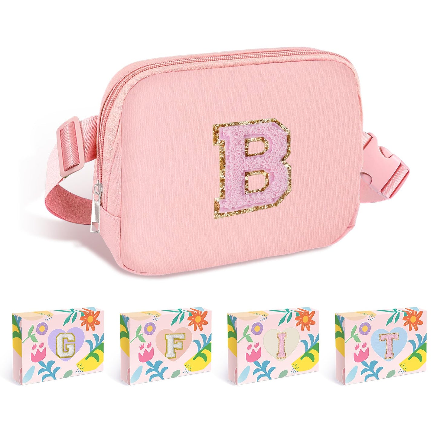 COSHAYSOO Pink Belt Bag Small Waist Fanny Pack Mini Crossbody Purse with Initial Preppy Letter Patch for Teen Girl Women Workout, Cross Body Chest Pouch Trending Birthday Gift Idea (S)