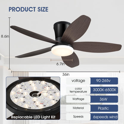 Ceiling Fans with Lights-36 Low Profile Ceiling Fan with Light and Remote/APP Control,Flush Mount,DC Reversible,LED Dimmable Blakc Ceiling Fans for Bedroom,Indoor/Outdoor Patio Use