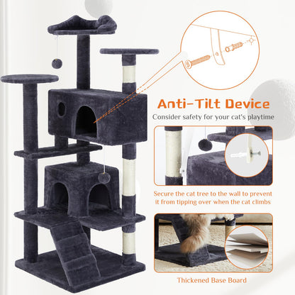 Sweetcrispy 54-Inch Cat Tree Tower – Multi-Level with Sisal Scratching Post, Perfect Pet Gift, Indoor Condo with Climbing Ladder, Plush Toy, and More Animal Stuff, Light Grey