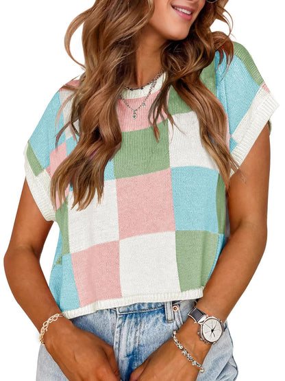 Womens Spring Crop Tops 2025 Cap Short Sleeve Sweater Vest Tank Loose Shirts Business Vacation Outfits Trendy Fall Summer Top