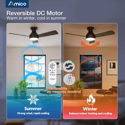 Amico Ceiling Fans with Lights, 42 inch Low Profile Ceiling Fan with Light and Remote Control, Flush Mount, Reversible, 3CCT, Dimmable, Noiseless, White Ceiling Fan for Bedroom, Indoor/Outdoor Use