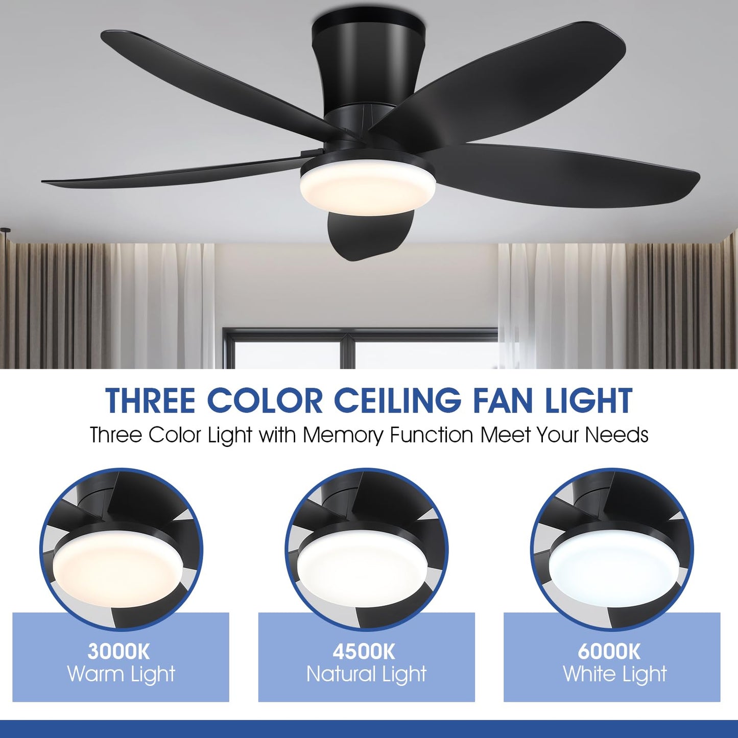 Ceiling Fans with Lights-36 Low Profile Ceiling Fan with Light and Remote/APP Control,Flush Mount,DC Reversible,LED Dimmable Blakc Ceiling Fans for Bedroom,Indoor/Outdoor Patio Use