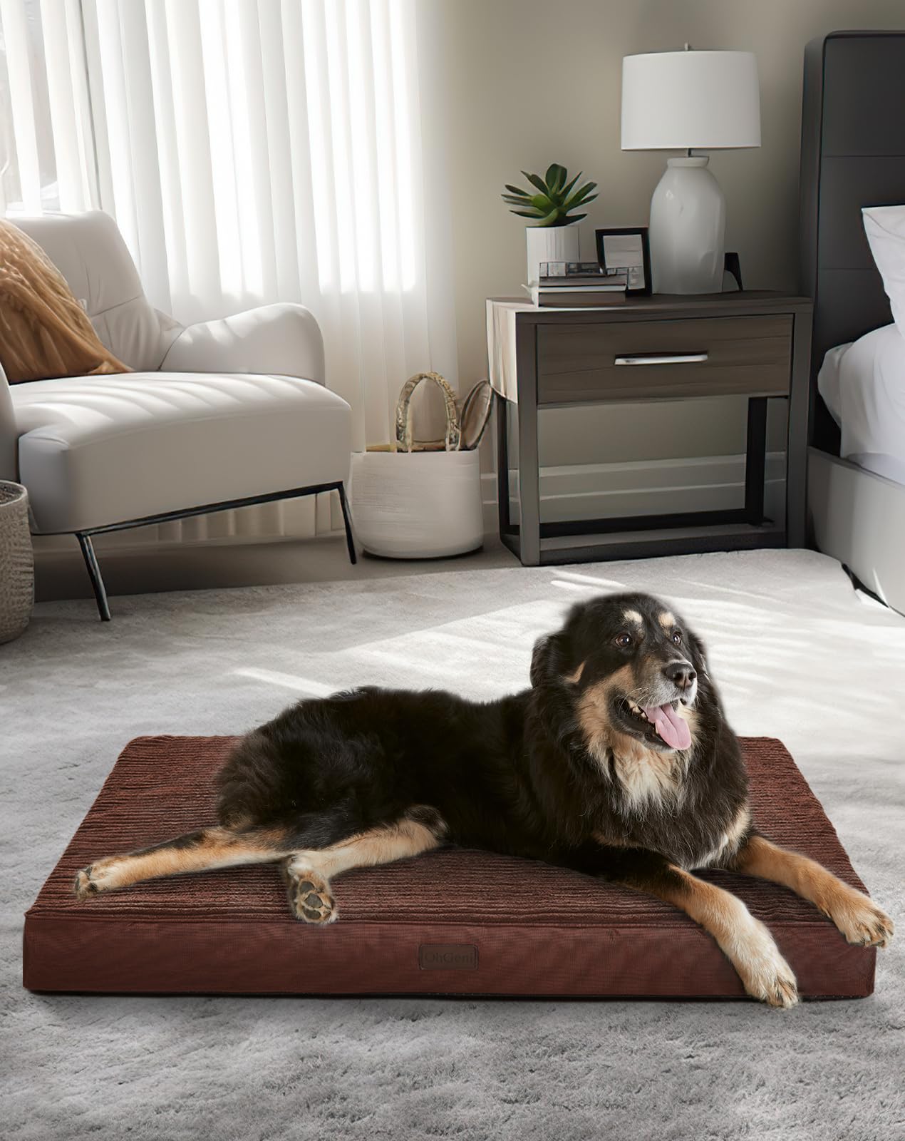 OhGeni 35 Inch Orthopedic Waterproof & Machine Washable Dog Bed for Medium Large Pets, 20D Egg Crate Foam Stable Support, Non-Slip Bottom and Removable Cover, Tear-Resistant Invisible Zipper(Gray)