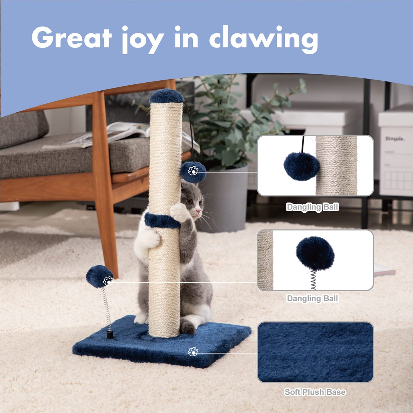 Cat Scratching Post Premium Basics Kitten Scratcher Sisal Scratch Posts with Hanging Ball 22in for Kittens or Smaller Cats (22 inches for Kitten, Beige)