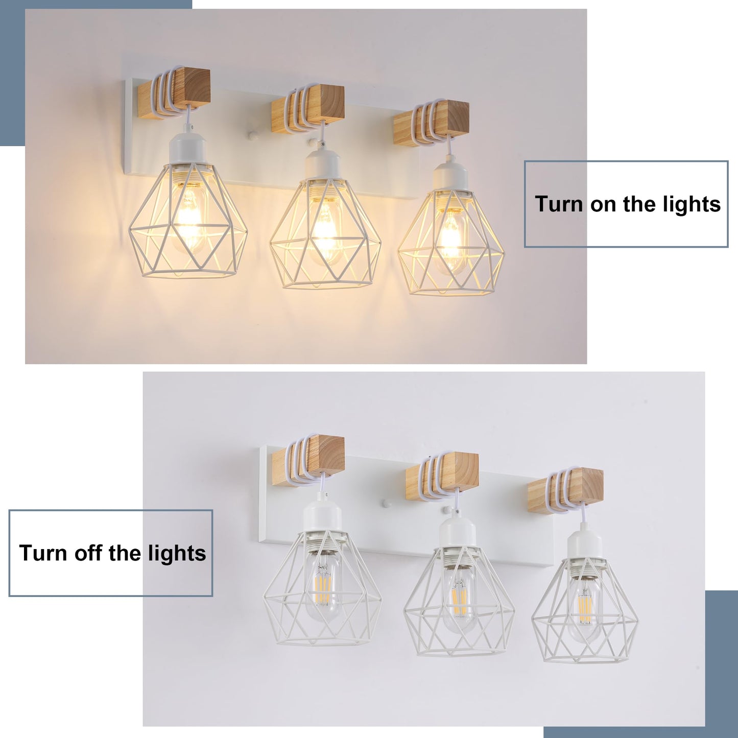 Farmhouse Vanity Light for Bathroom, 3-Light Wood Bathroom Vanity Light Fixtures Over Mirror, Rustic Sconces Wall Lighting with Metal Lampshade for Living Room, Bedroom, Hallway