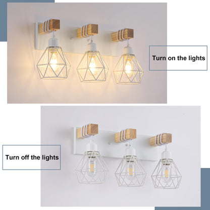 Farmhouse Vanity Light for Bathroom, 3-Light Wood Bathroom Vanity Light Fixtures Over Mirror, Rustic Sconces Wall Lighting with Metal Lampshade for Living Room, Bedroom, Hallway